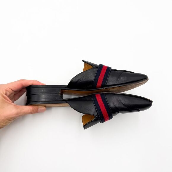 Gucci GG Web Stripe Peyton Mules Flat Slides Black Leather Loafers EU 38.5 US 8. - Picture 10 of 11